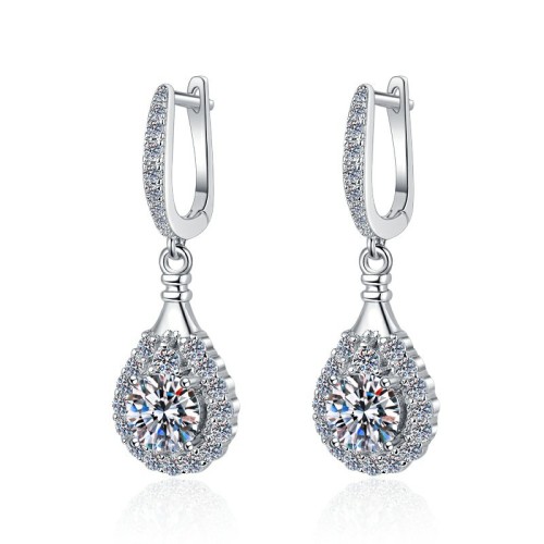 1 CT Halo Set Round Cut "Polaris" Design Moissanite Sterling Silver Drop Earrings C2024060025