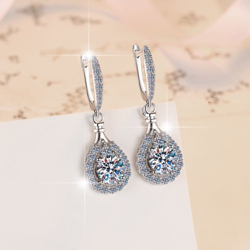 1 CT Halo Set Round Cut "Polaris" Design Moissanite Sterling Silver Drop Earrings C2024060025
