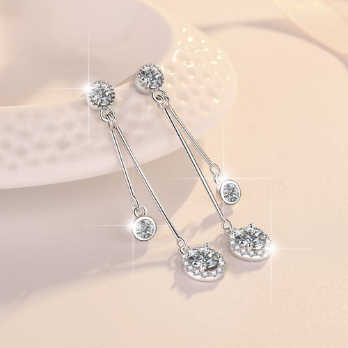  Round Cut Moissanite Sterling Silver Long Drop Dangle Earrings C2024060029