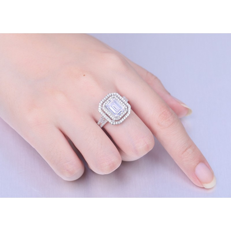 Double Halo Set Emerald Cut 925 Sterling Silver Engagement Rings C2024020003 