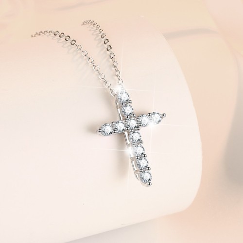 Cross Shape Round Cut Moissanite Sterling Silver Classic Necklace C2024080002 Cross Shape Round Cut Moissanite Sterling Silver Classic Necklace C2024080002