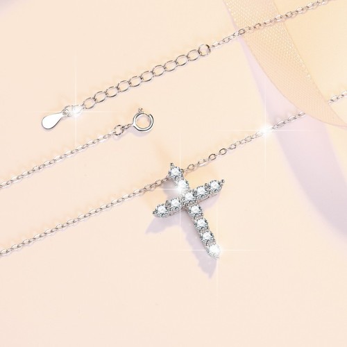 Cross Shape Round Cut Moissanite Sterling Silver Classic Necklace C2024080002 