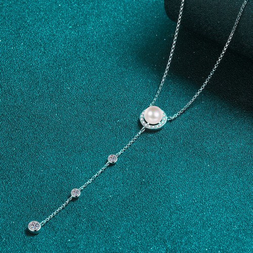 Moissanite Natural freshwater pearl necklace 24 inches 925 Silver C2025080107